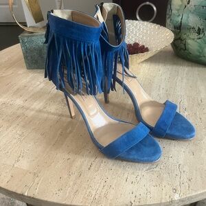 BCBGMaxAzria Blue Fringe Heeled Sandals.open toes and stylish.